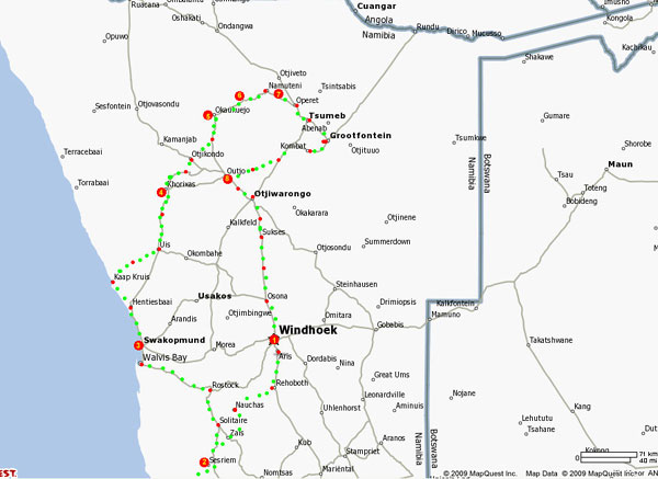 Carte du circuit découverte de la Namibie - 11 jours