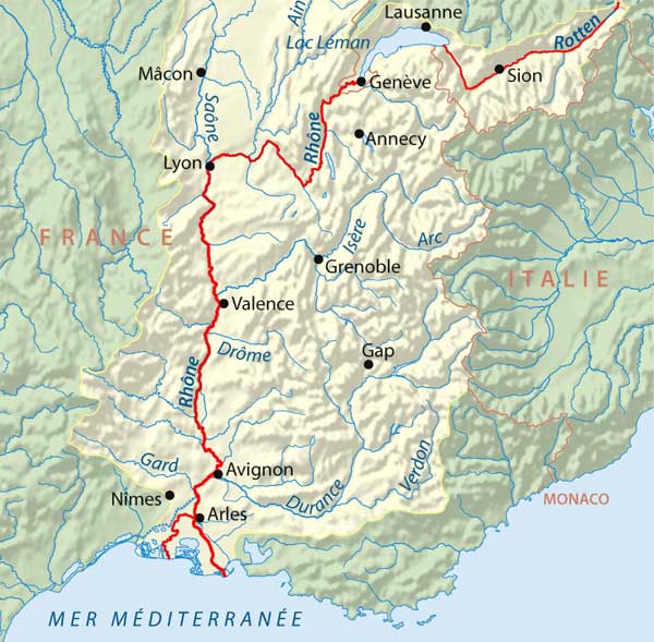 Le Rhône - parcours en Suisse et en France